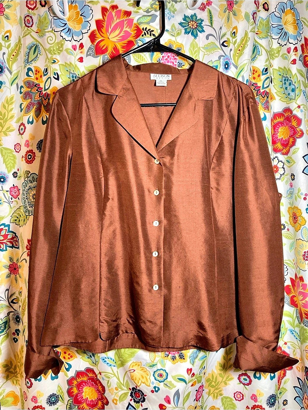 Vintage Alisson Taylor Silk Button Front Blouse in Brown Size XL Like New
